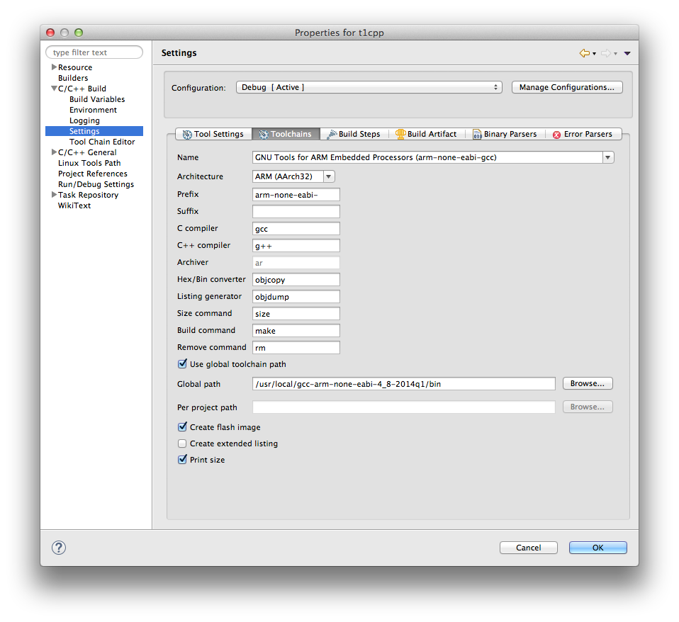 Toolchain settings