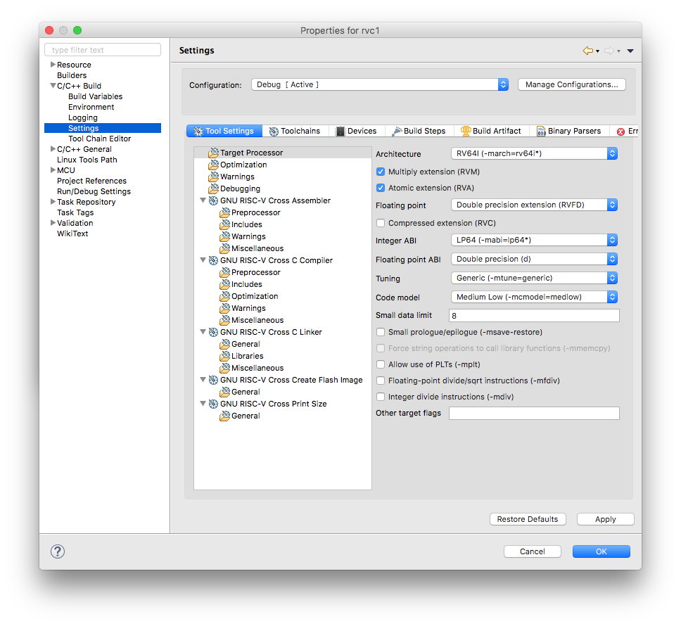 RISC-V plug-in tool settings